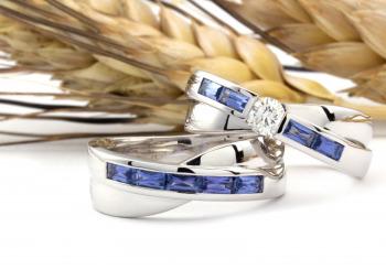 Matching Yogo Sapphire and Diamond Engagement set