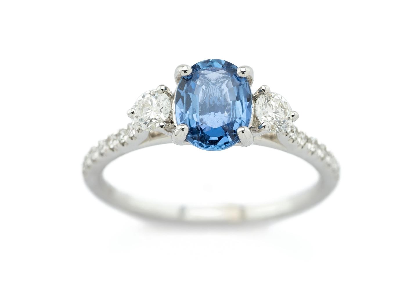 14K 1.17ct Yogo Sapphire and Diamond Three-Stone Ring by Gem Gallery