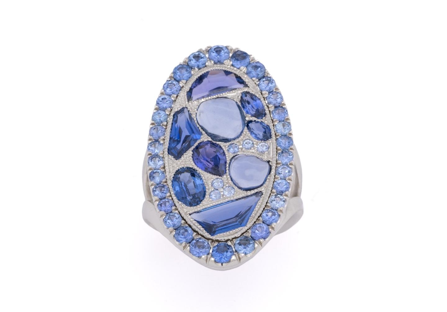14K Yogo Sapphire Mosaic Cocktail Ring