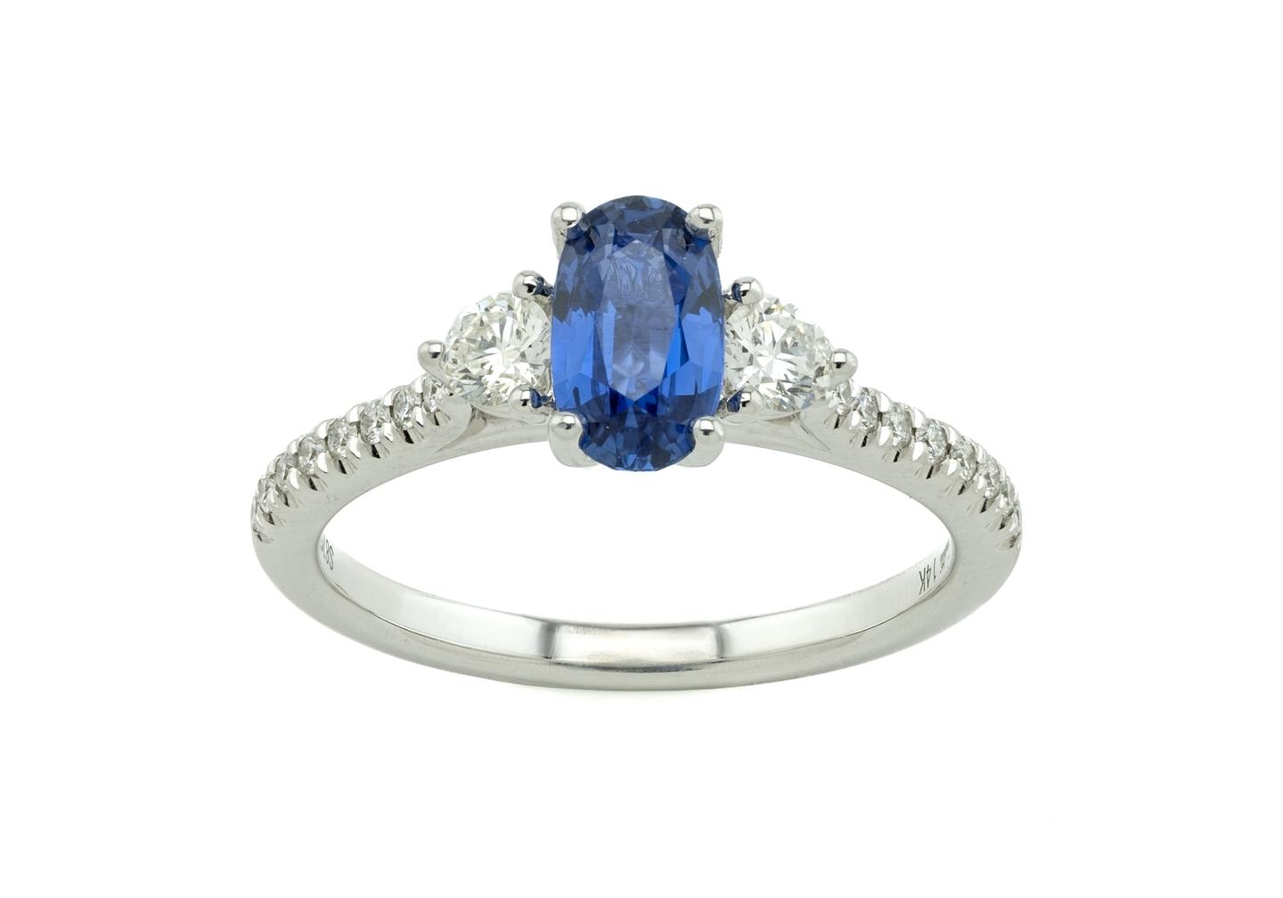 14K 1.03ct Yogo Sapphire and Diamond Three-Stone Ring
