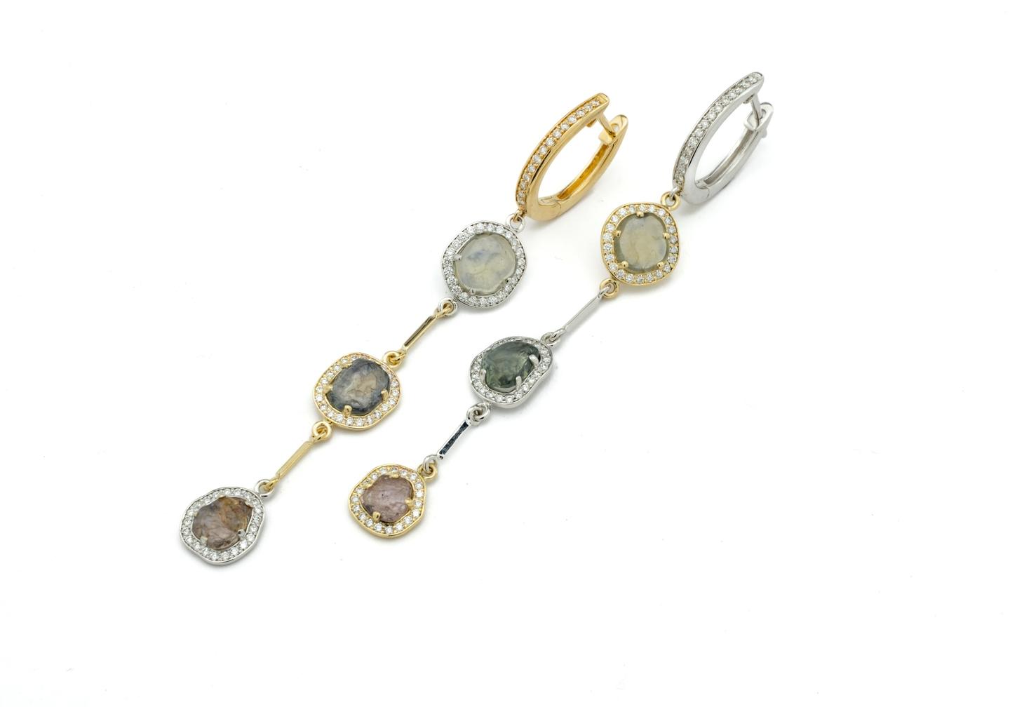 14K Aurum Three Stone Yogo Halo Earrings