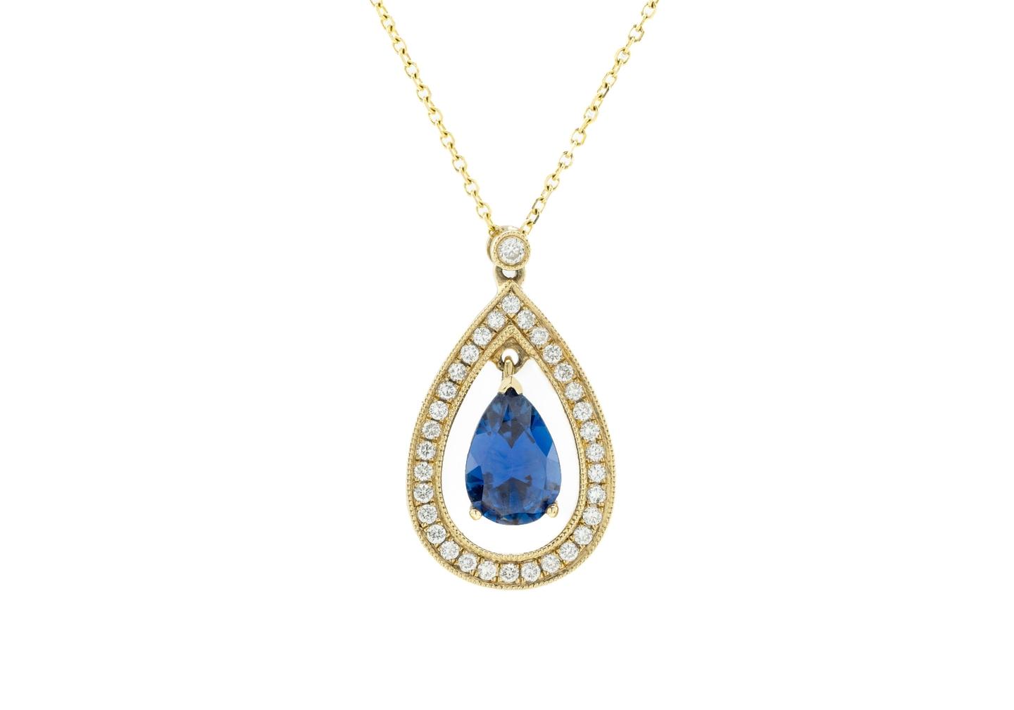 Yogo Sapphire and Diamond floating pendant necklace in 14K yellow gold