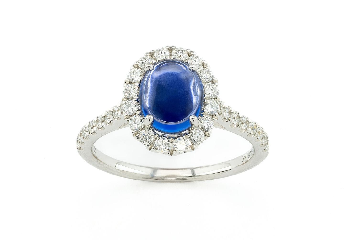 14K Cabochon Yogo Sapphire & Diamond Halo Ring