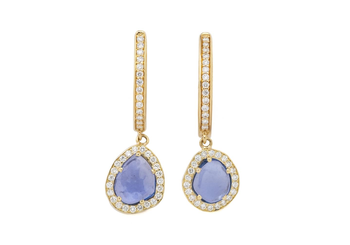 14K Yogo Sapphire & Diamond Halo Hoop Earrings