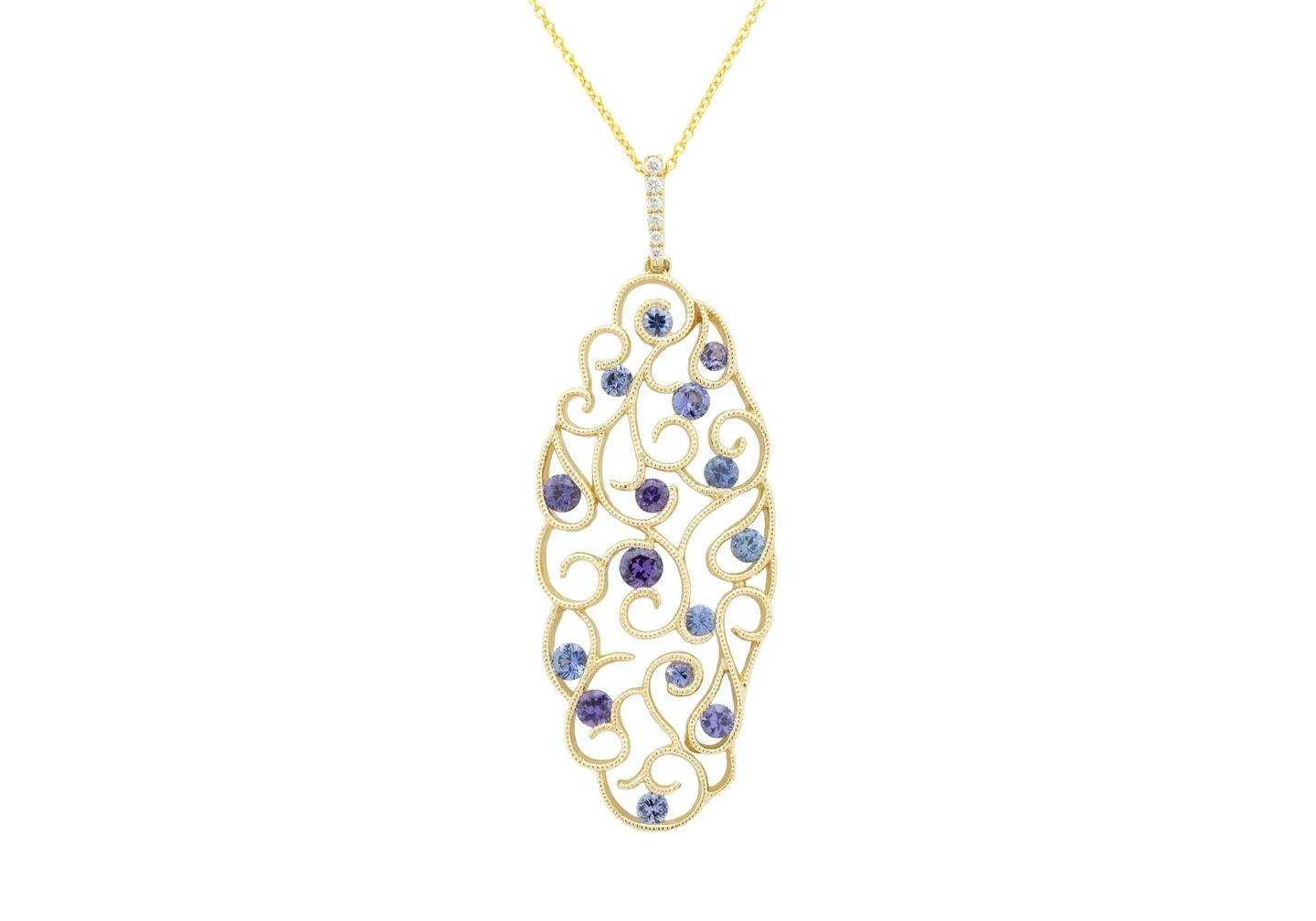 14K Scrollwork Yogo Sapphire Pendant Necklace